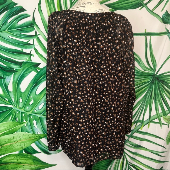 Kasper XL Black Brown Abstract Spotted Textured Sheer Peasant Sleeve Office Top - Picture 4 of 9